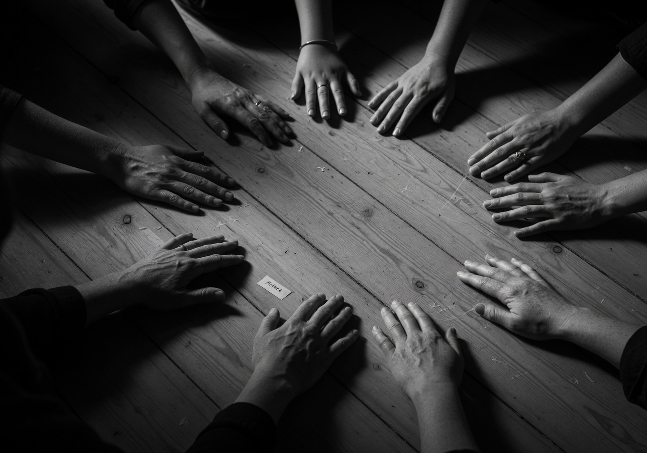 Hands resting in circle on wooden floor during a Family Constellations session, the morphogenic field